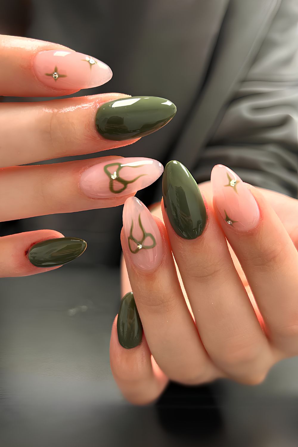 Olive green nails with coquette bows