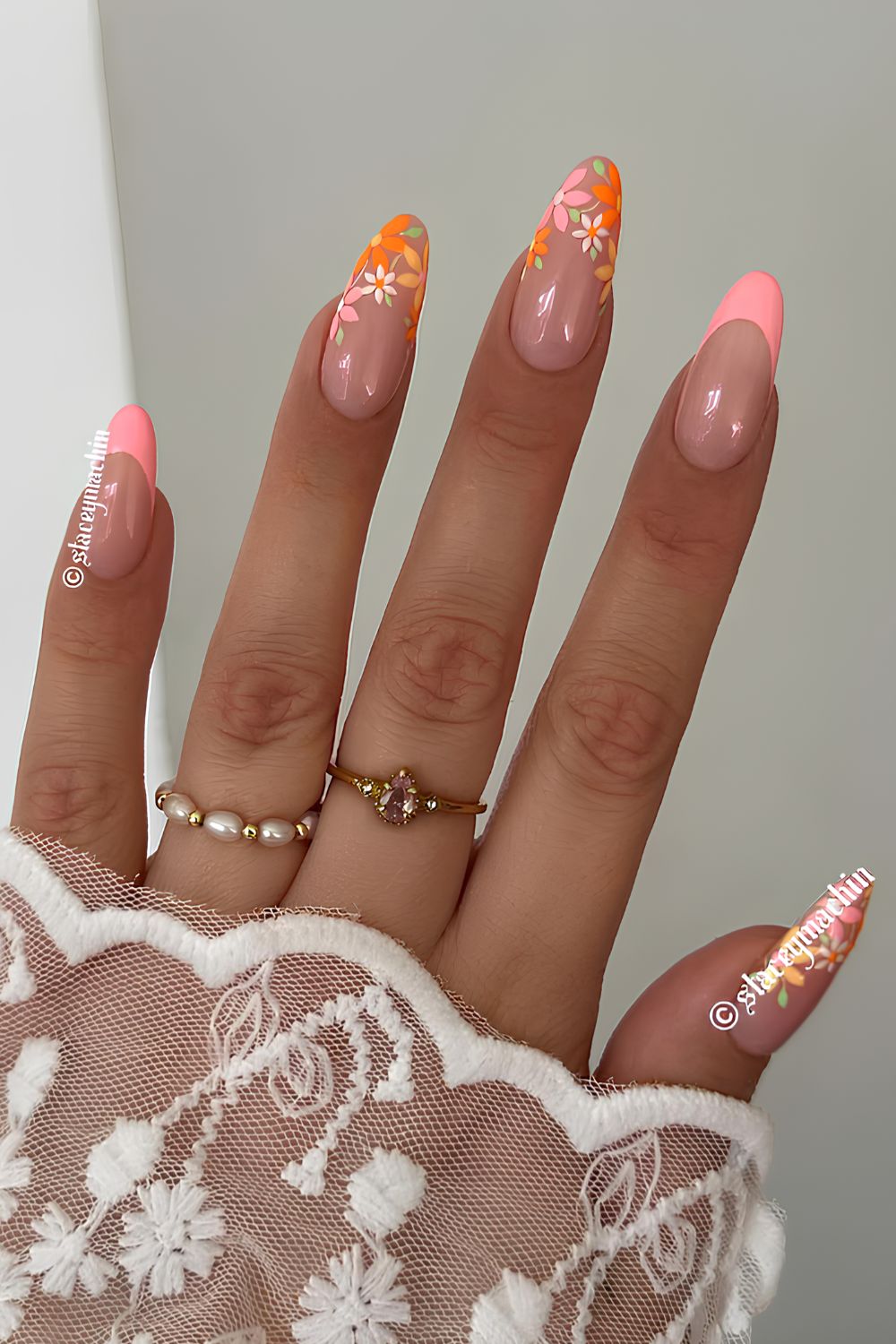 Orange and pink floral French nails