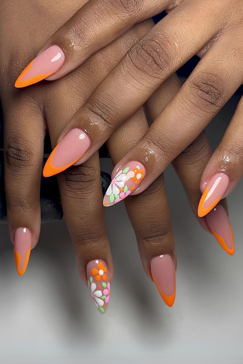 Orange floral French manicure