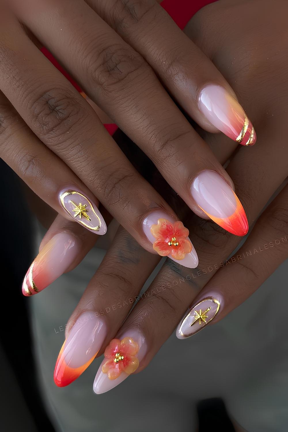 Orange sunset inspired French nails with flowers