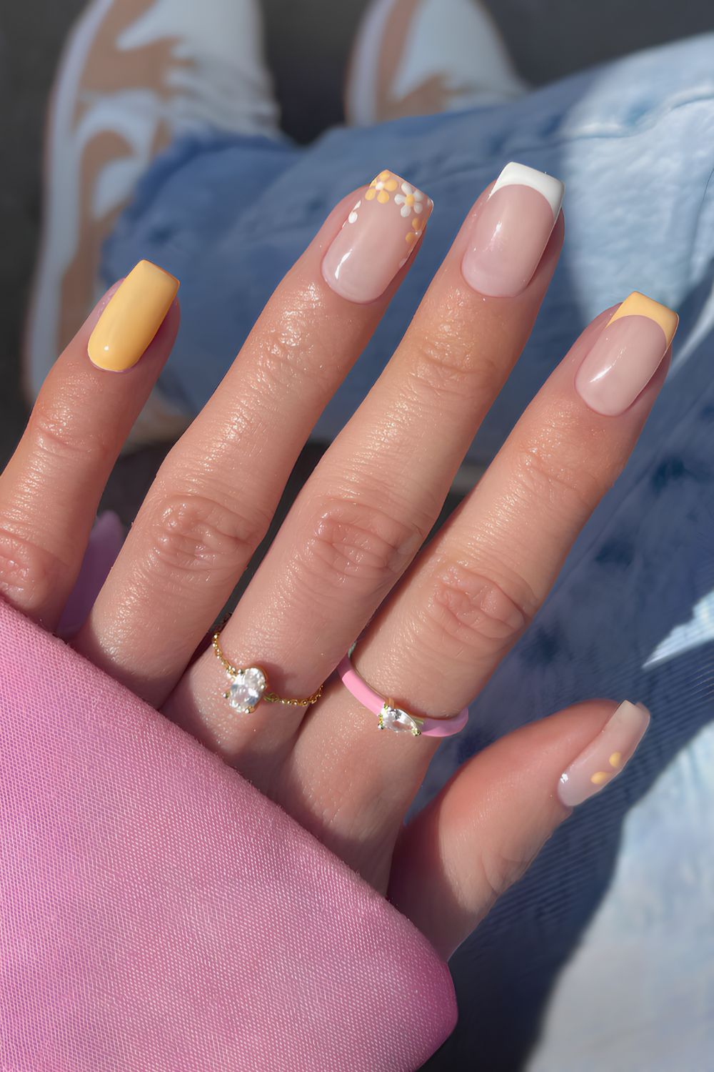Pastel peach and white floral French mani