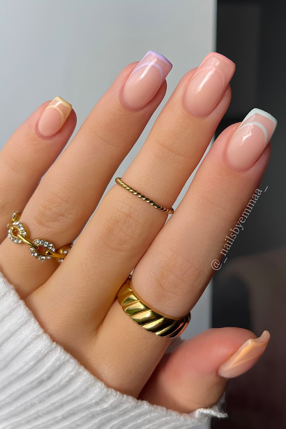 Pastel skittle French nails with double tips