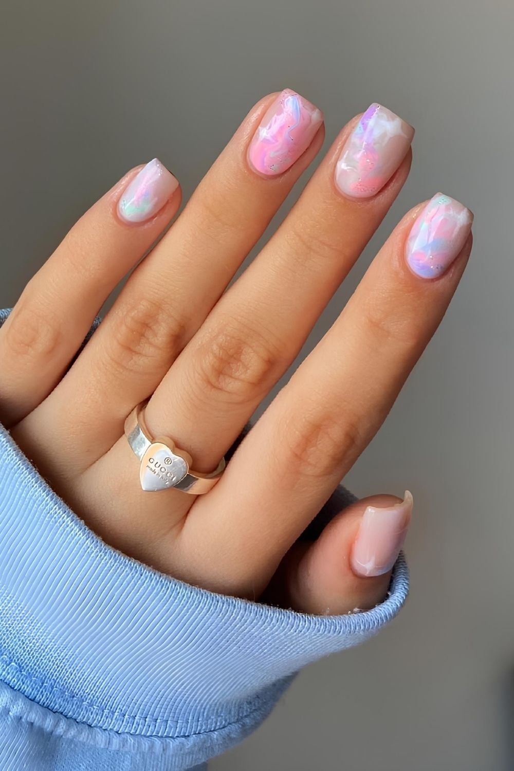 Pastel smokey nails with marble and pearl effect