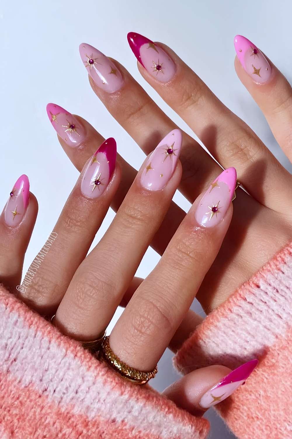 Pink French mani with gems and star art