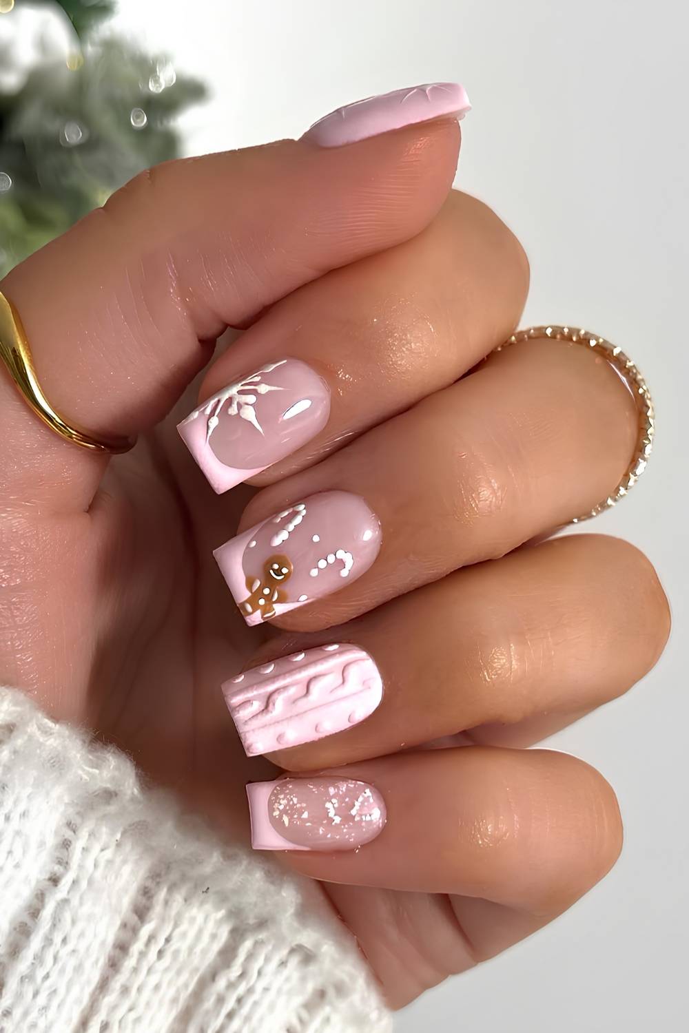 Pink French mani with sweater and gingerbread art