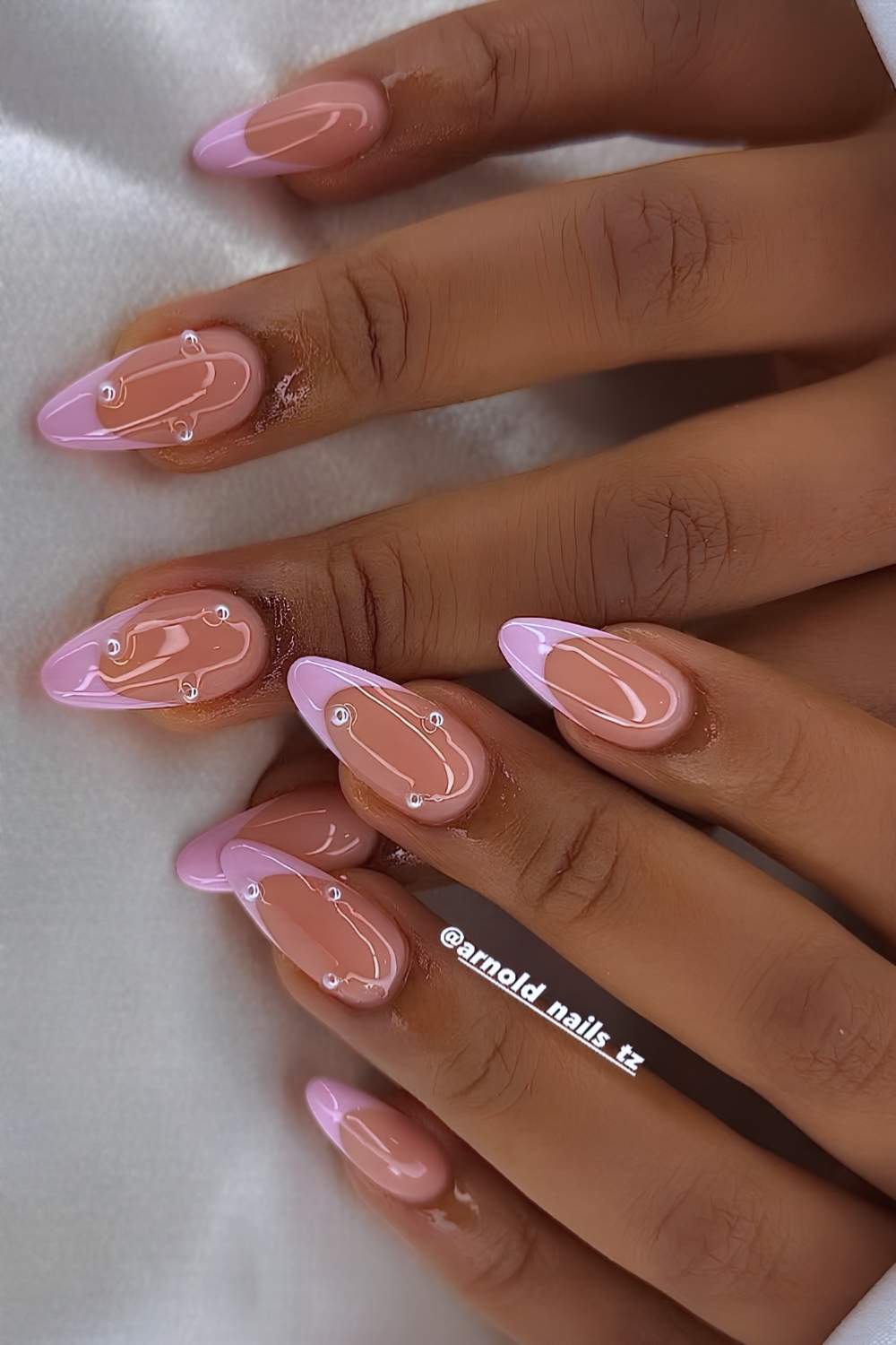 Pink French nails with micro pearls