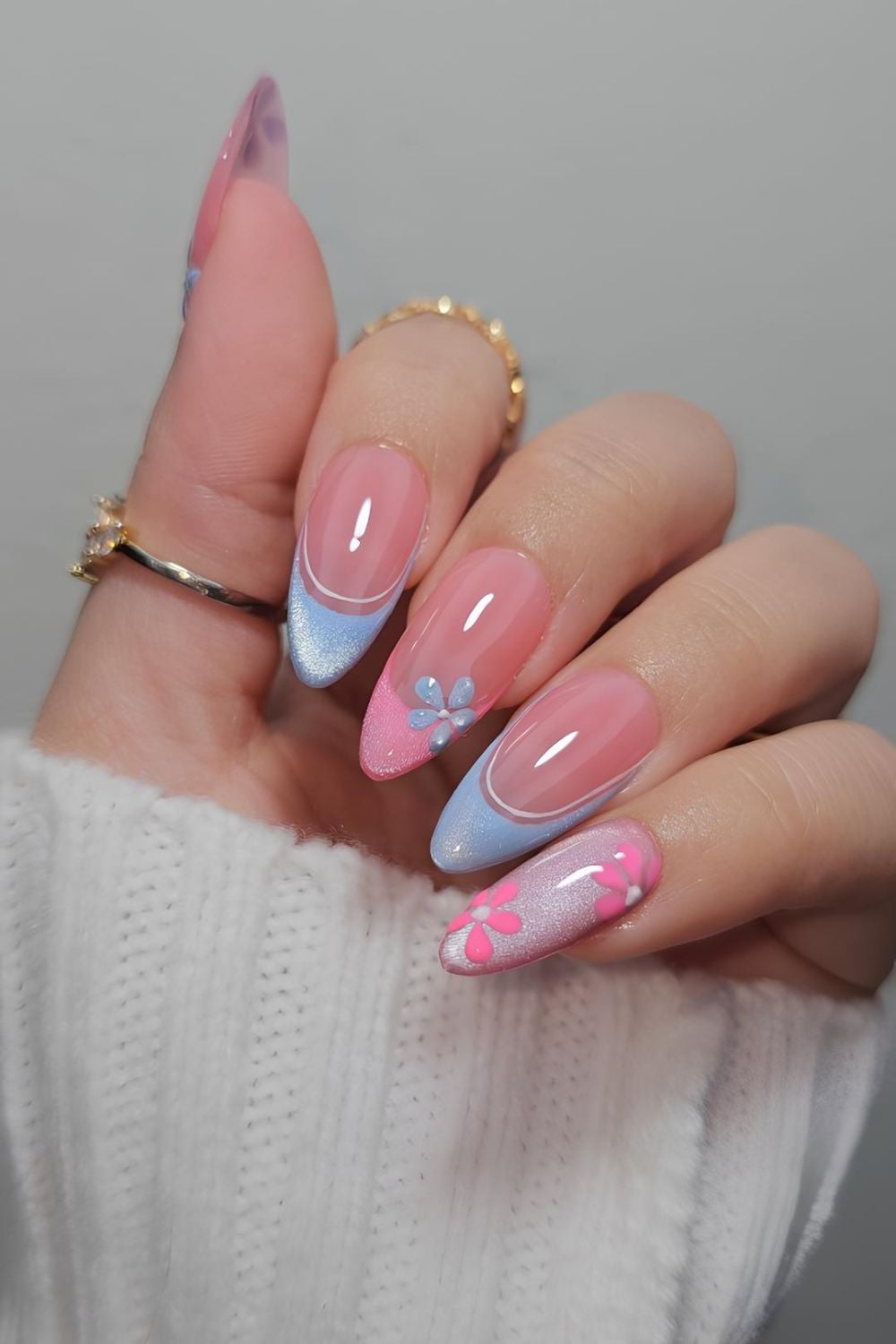 Pink and blue floral cat eye nails
