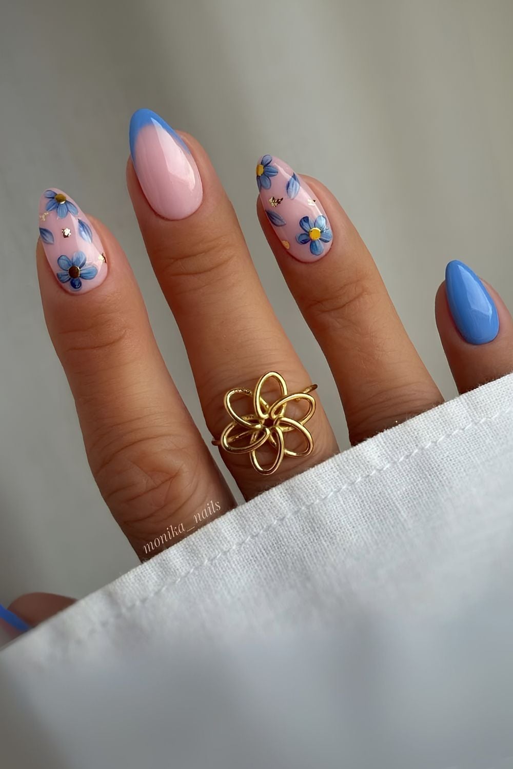 Pink and blue floral manicure