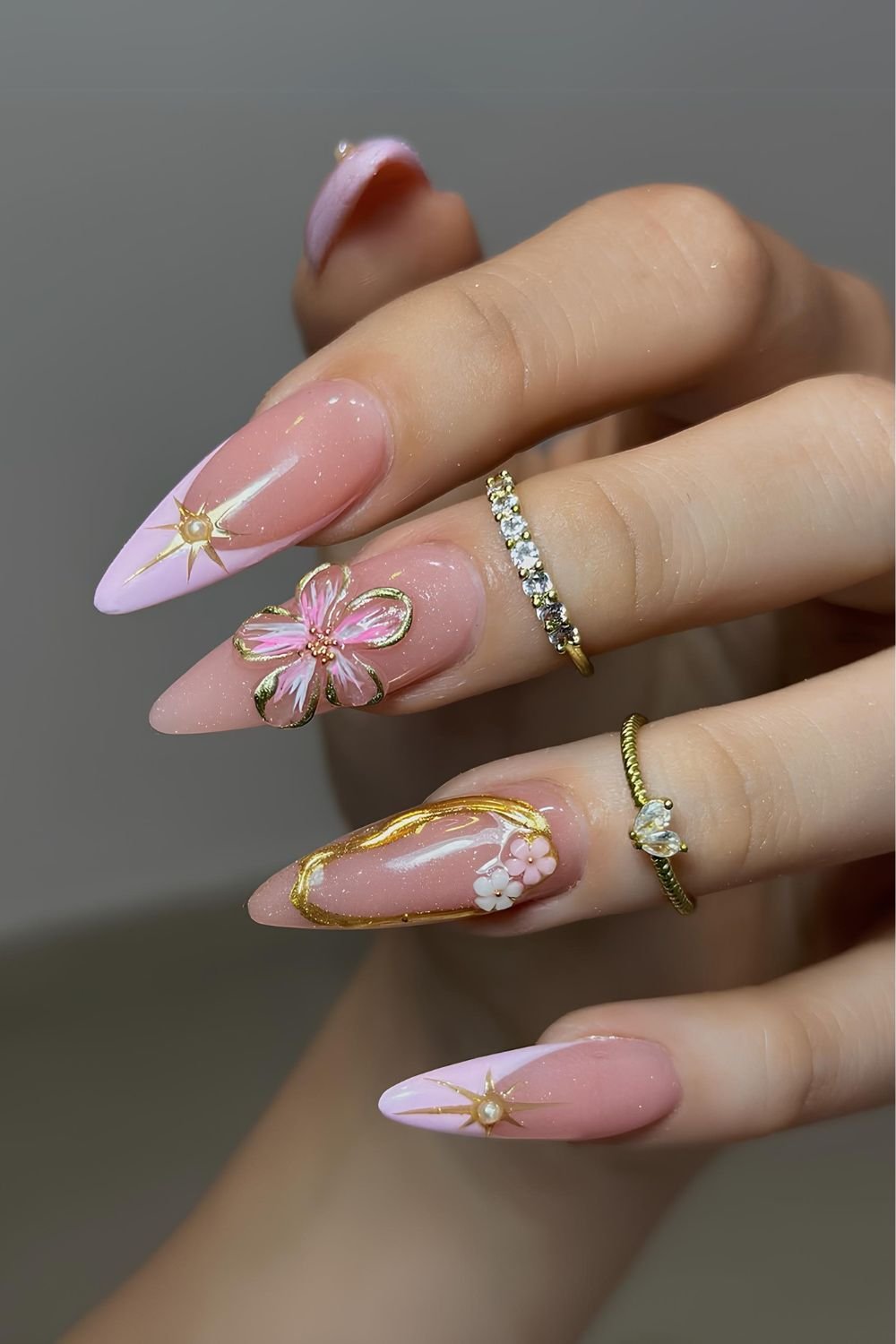 Pink and gold 3D floral manicure