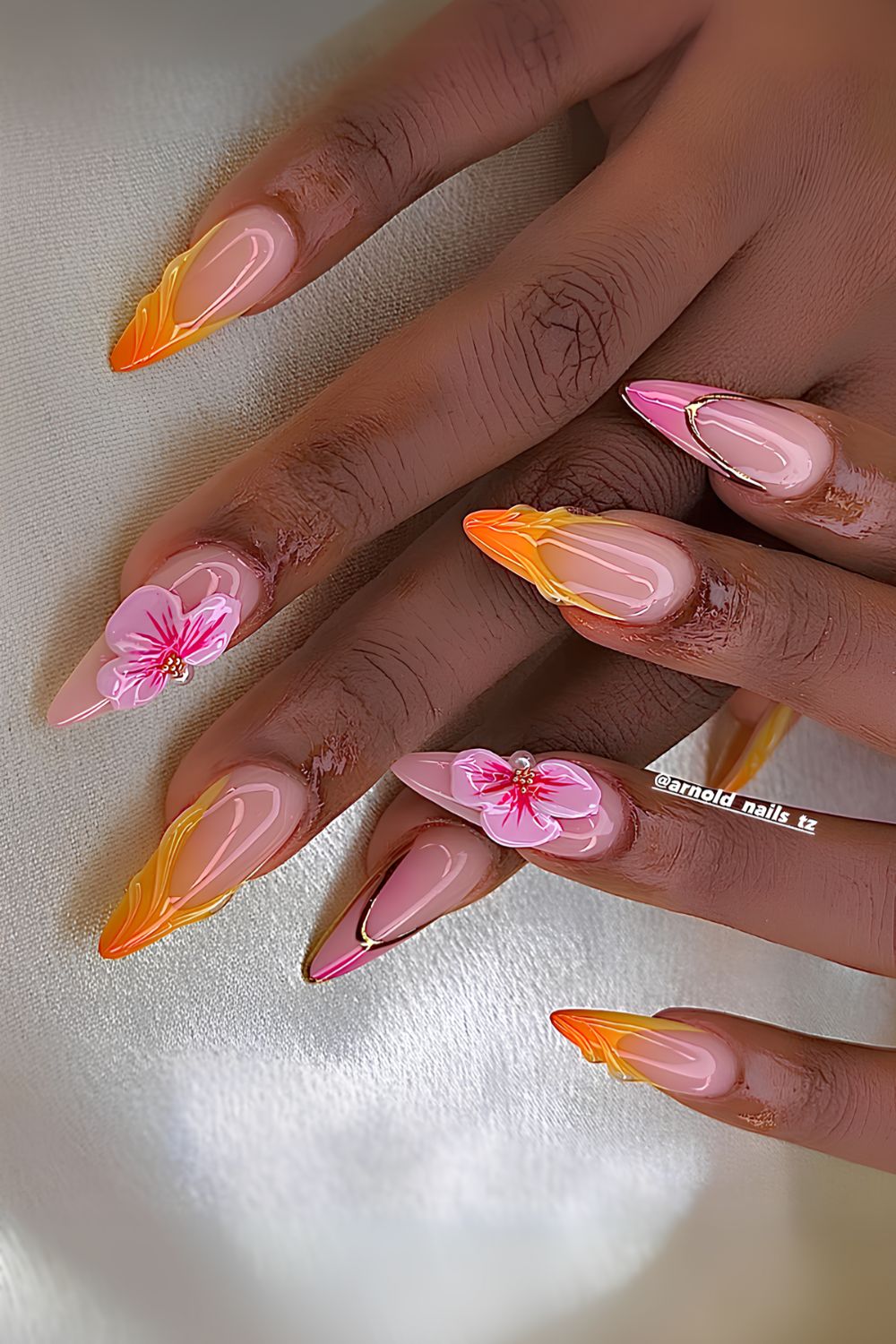 Pink and orange 3D floral mani