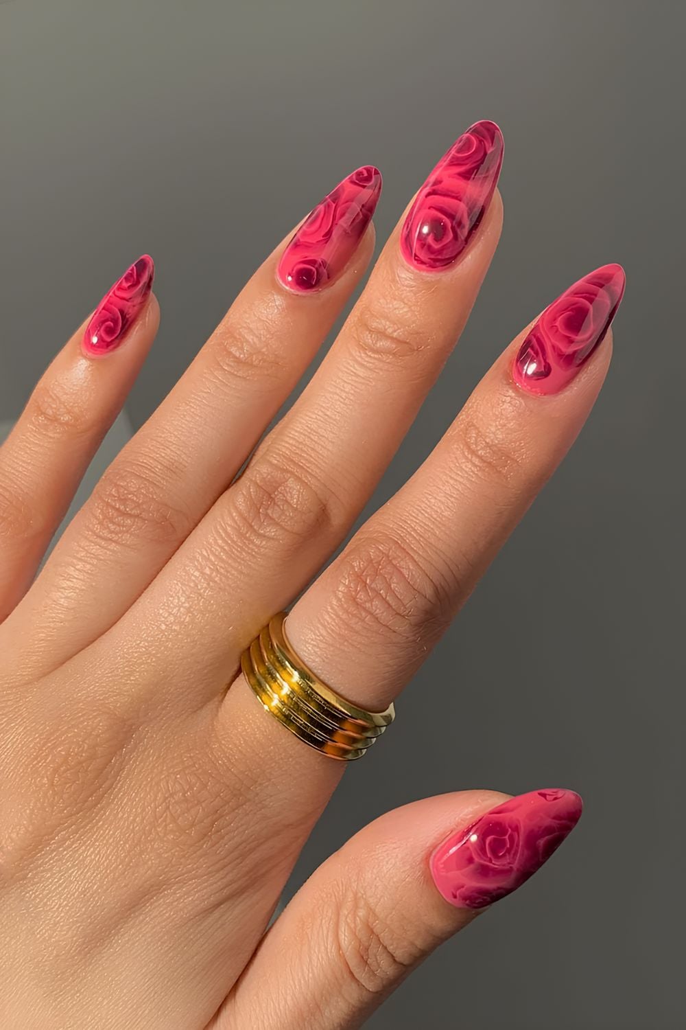 Pink and plum nails with blooming gel roses design