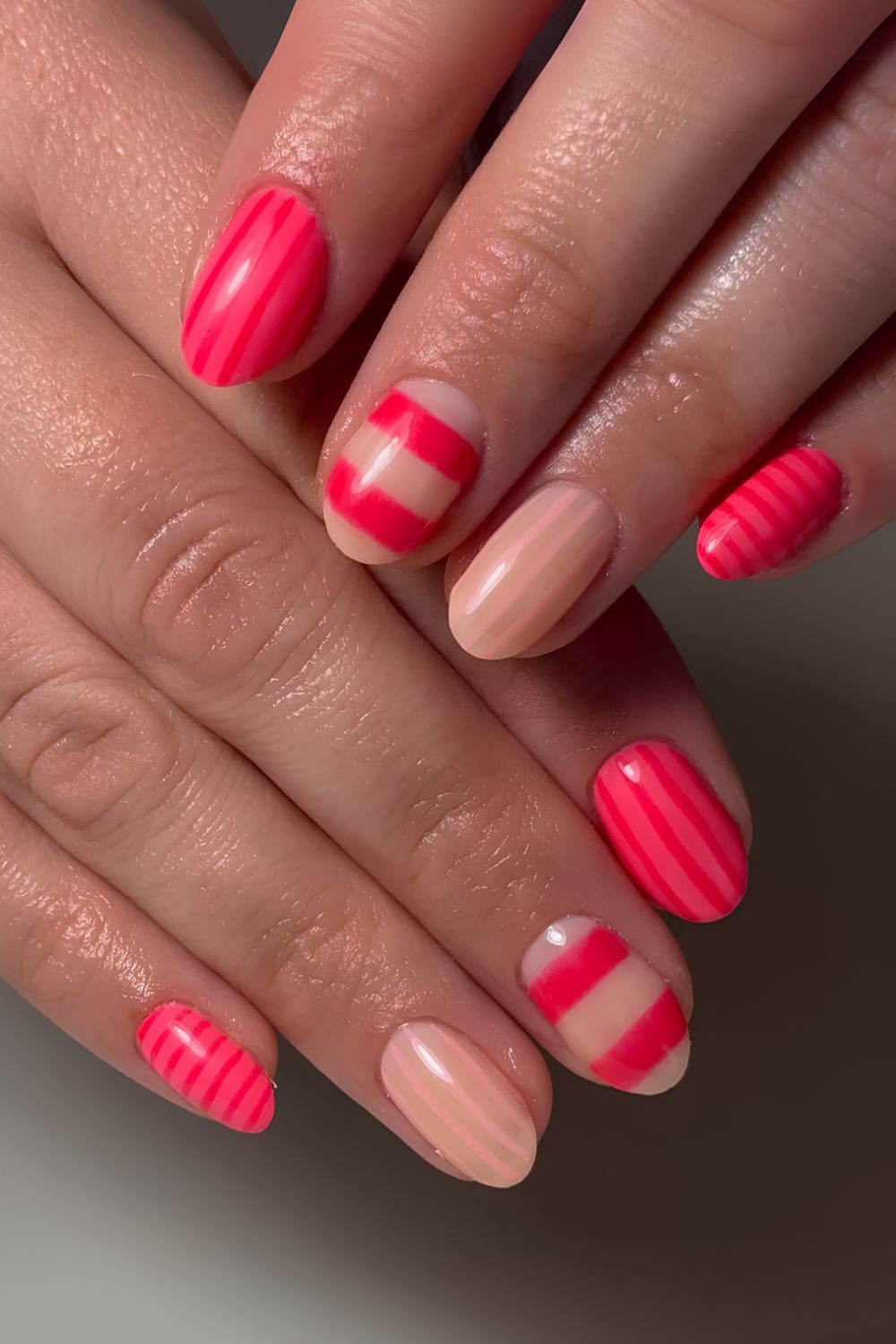 Pink and red stripe art nails
