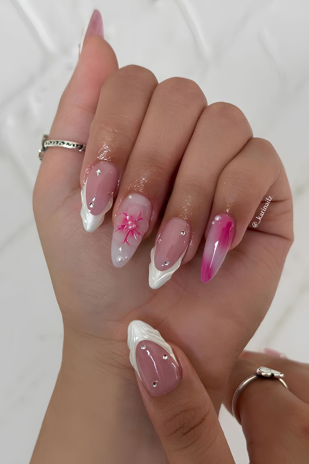 Pink and white 3D floral nails