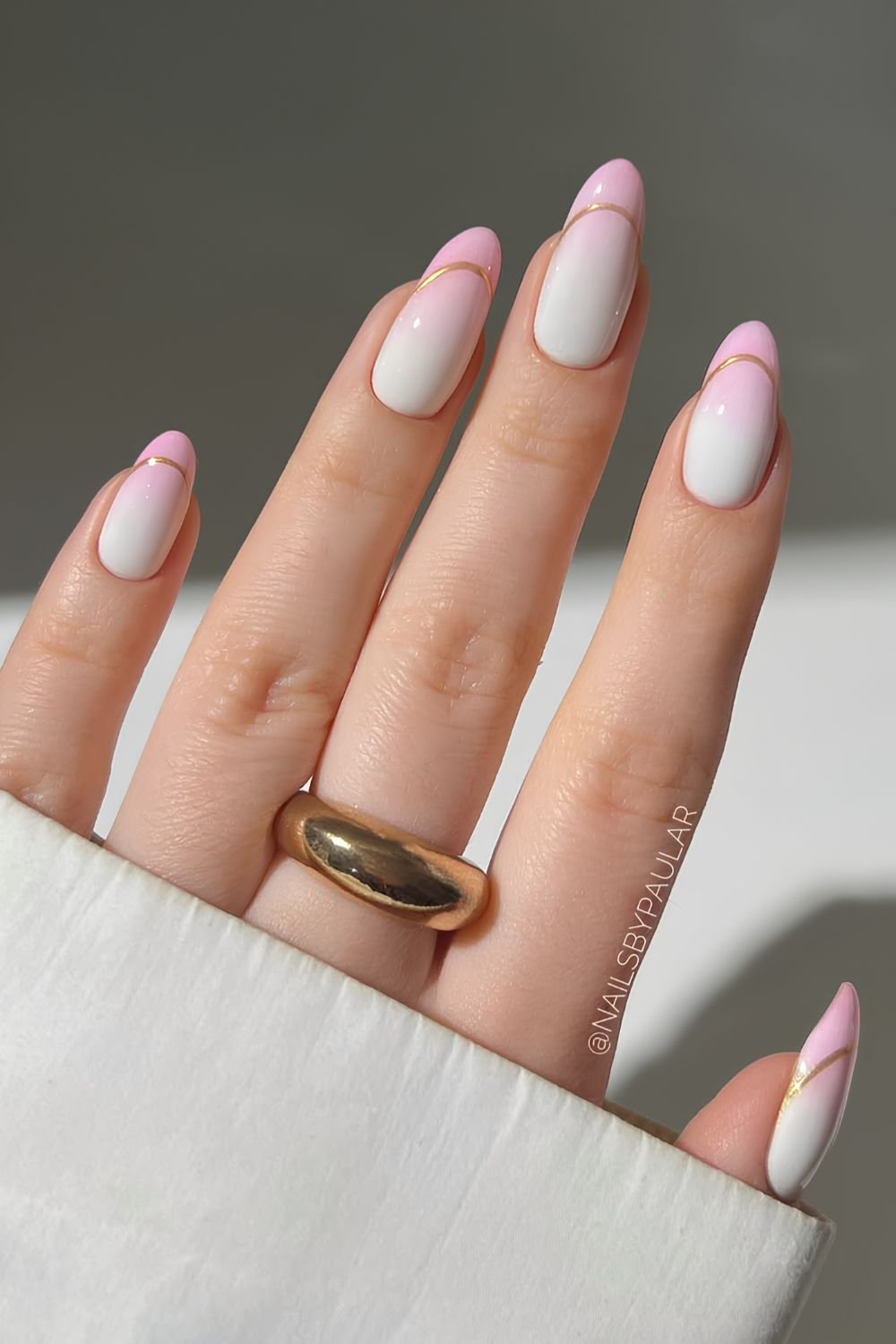 Pink and white Ombre mani with gold French outline