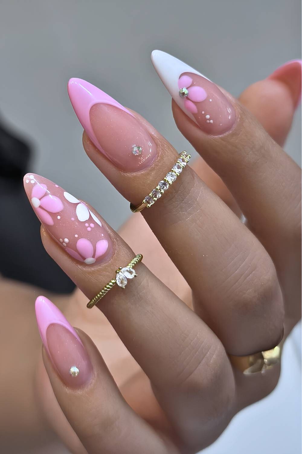 Pink and white floral French mani