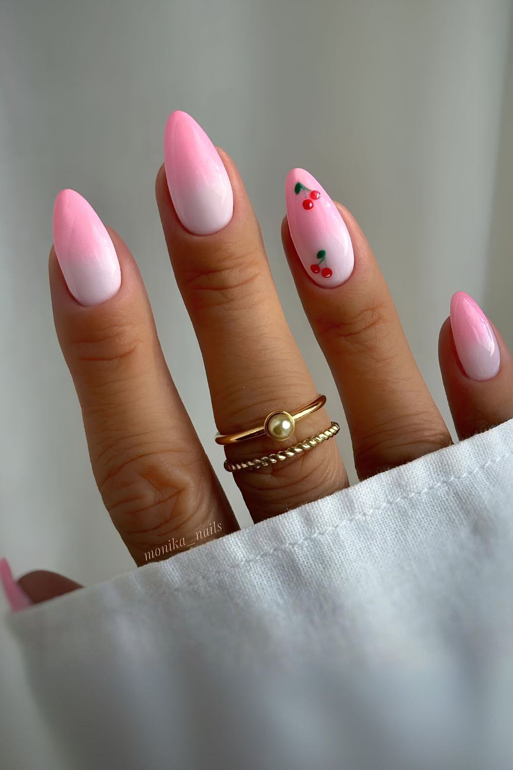Pink and white ombre mani with cherries