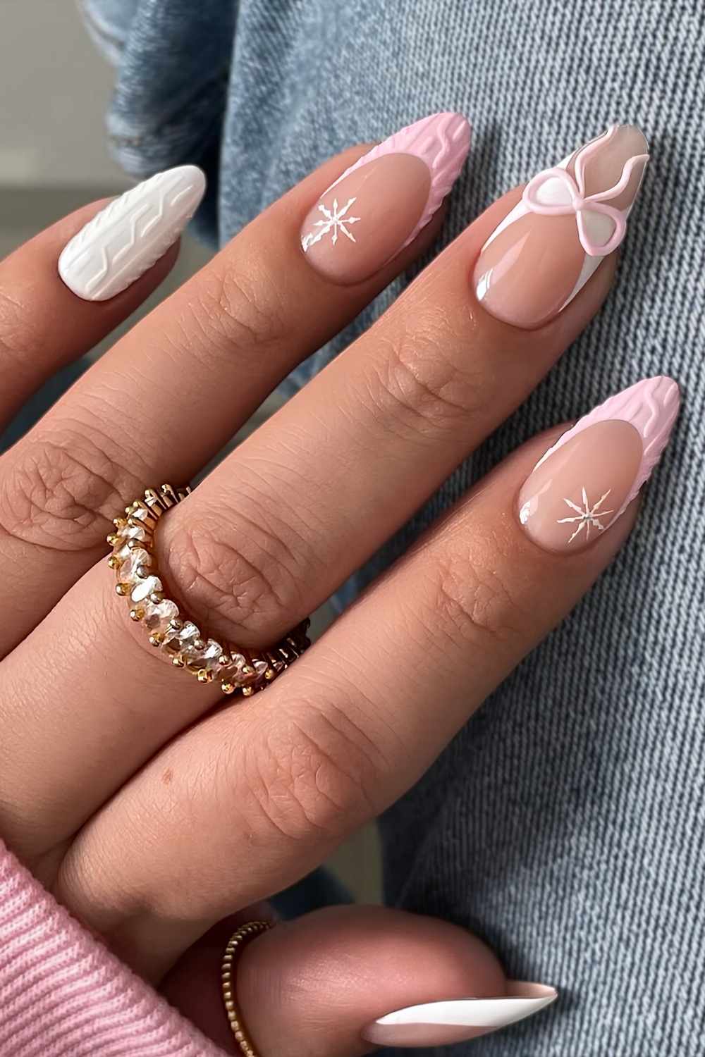 Pink and white winter coquette French nails