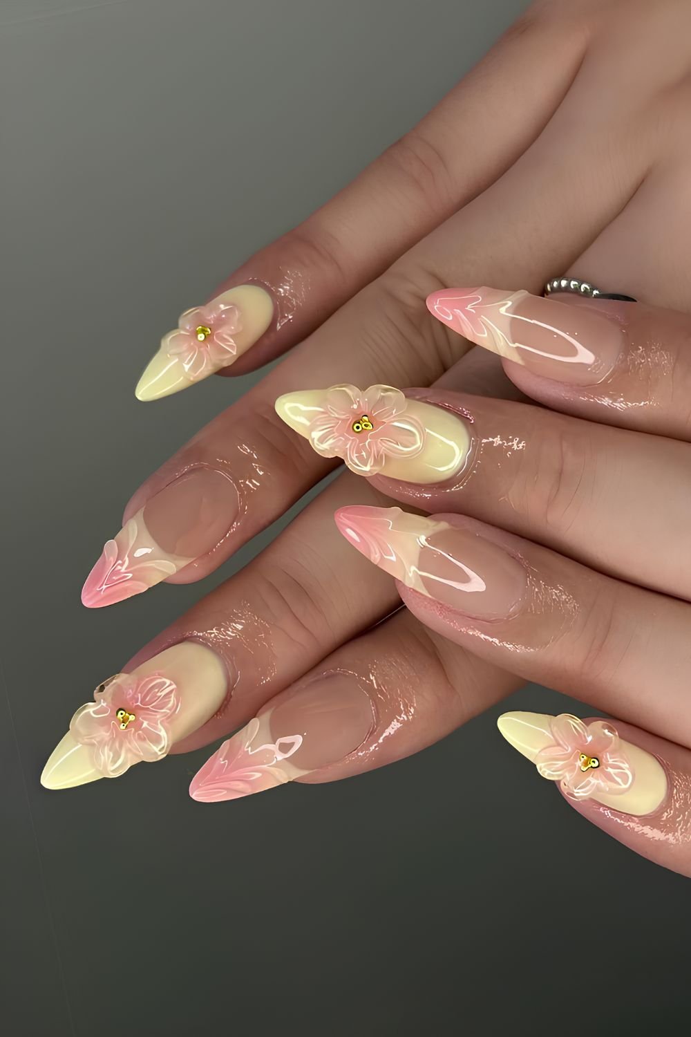 Pink and yellow 3D floral nails