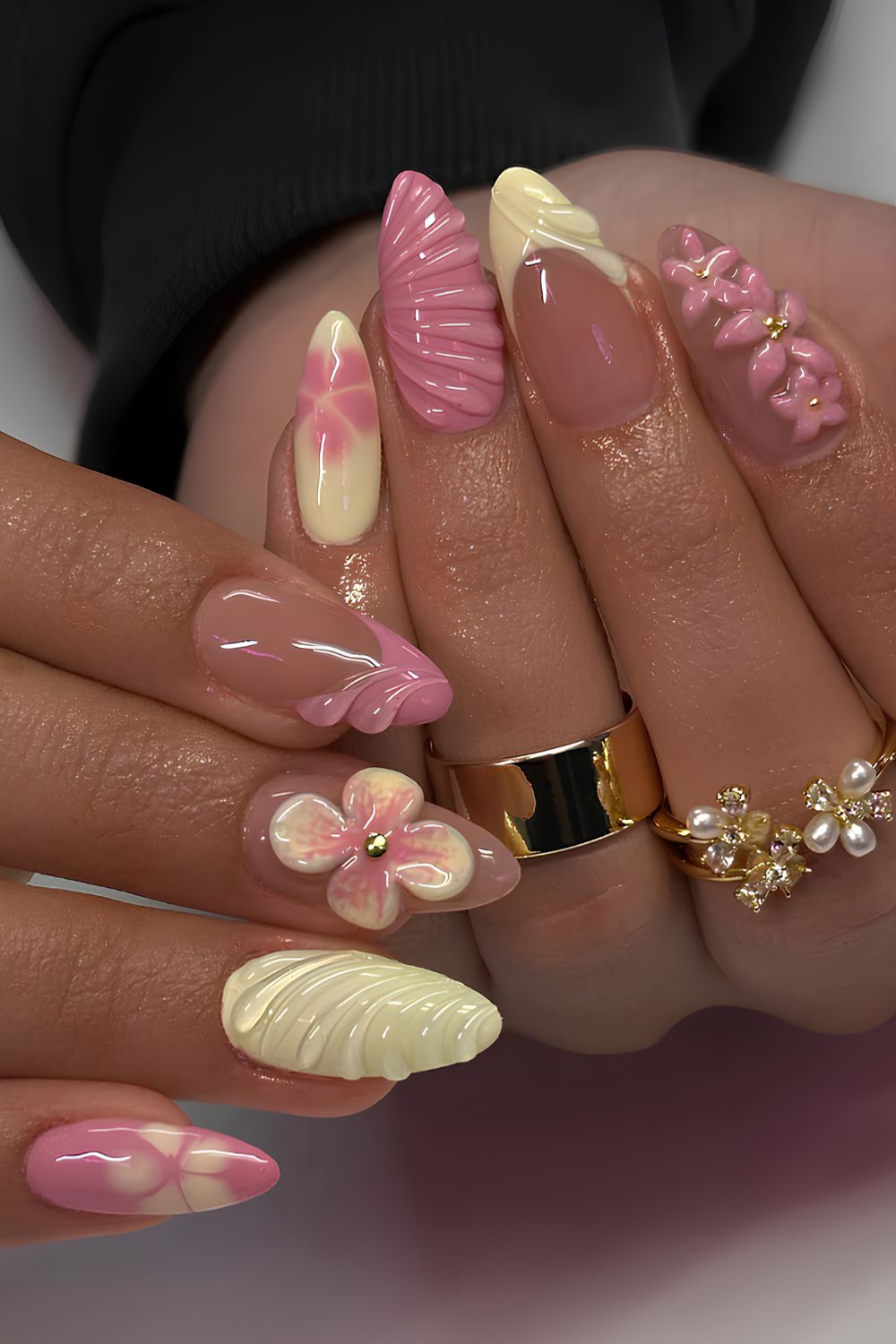 Pink and yellow nails with textured florals