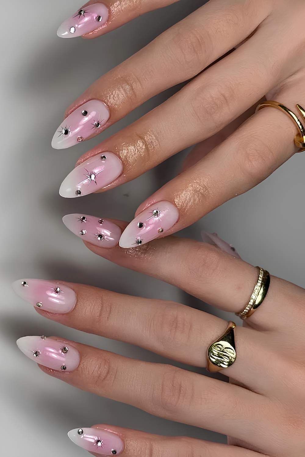 Pink aura nails with rhinestone bling