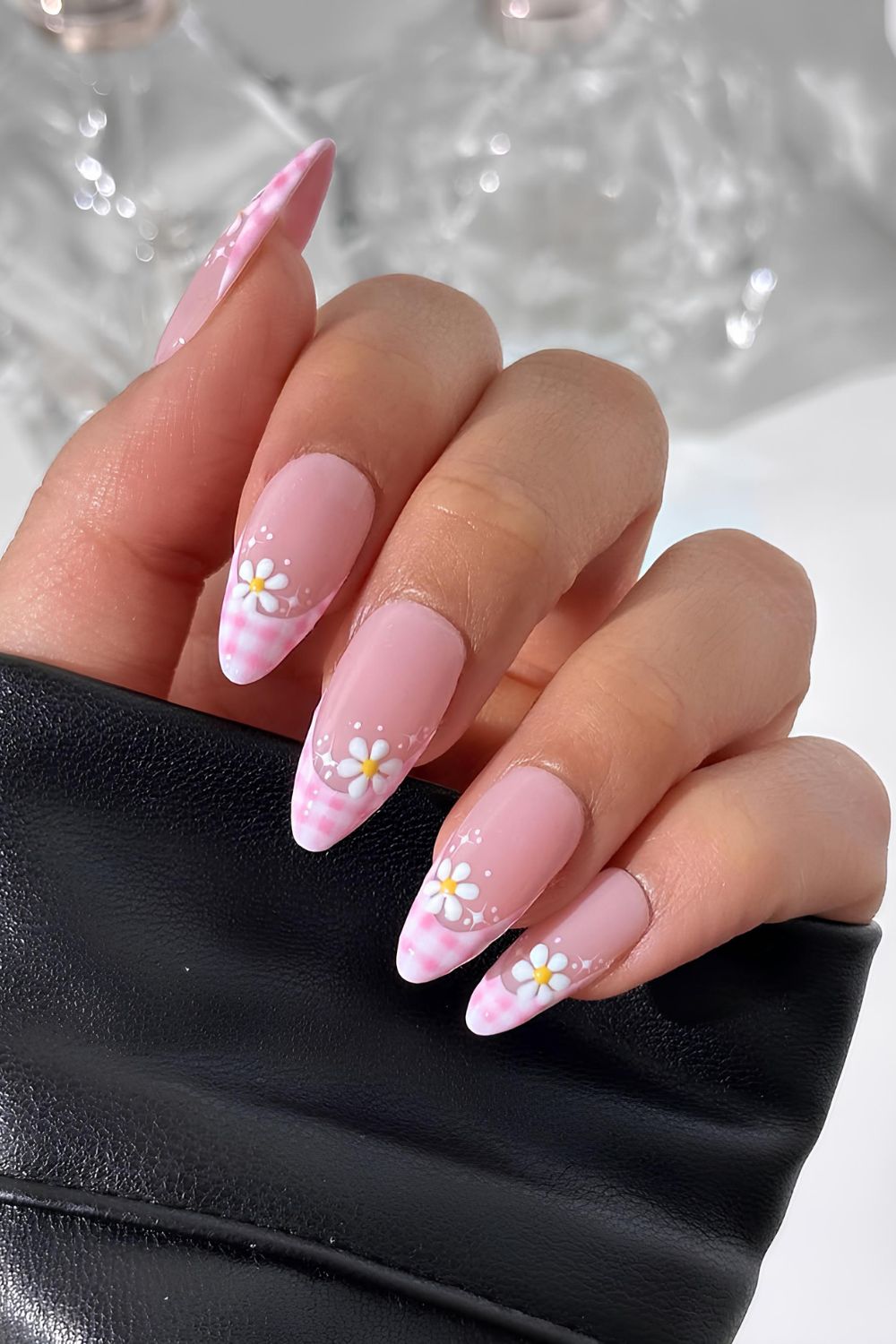 Pink gingham French nails with floral accents