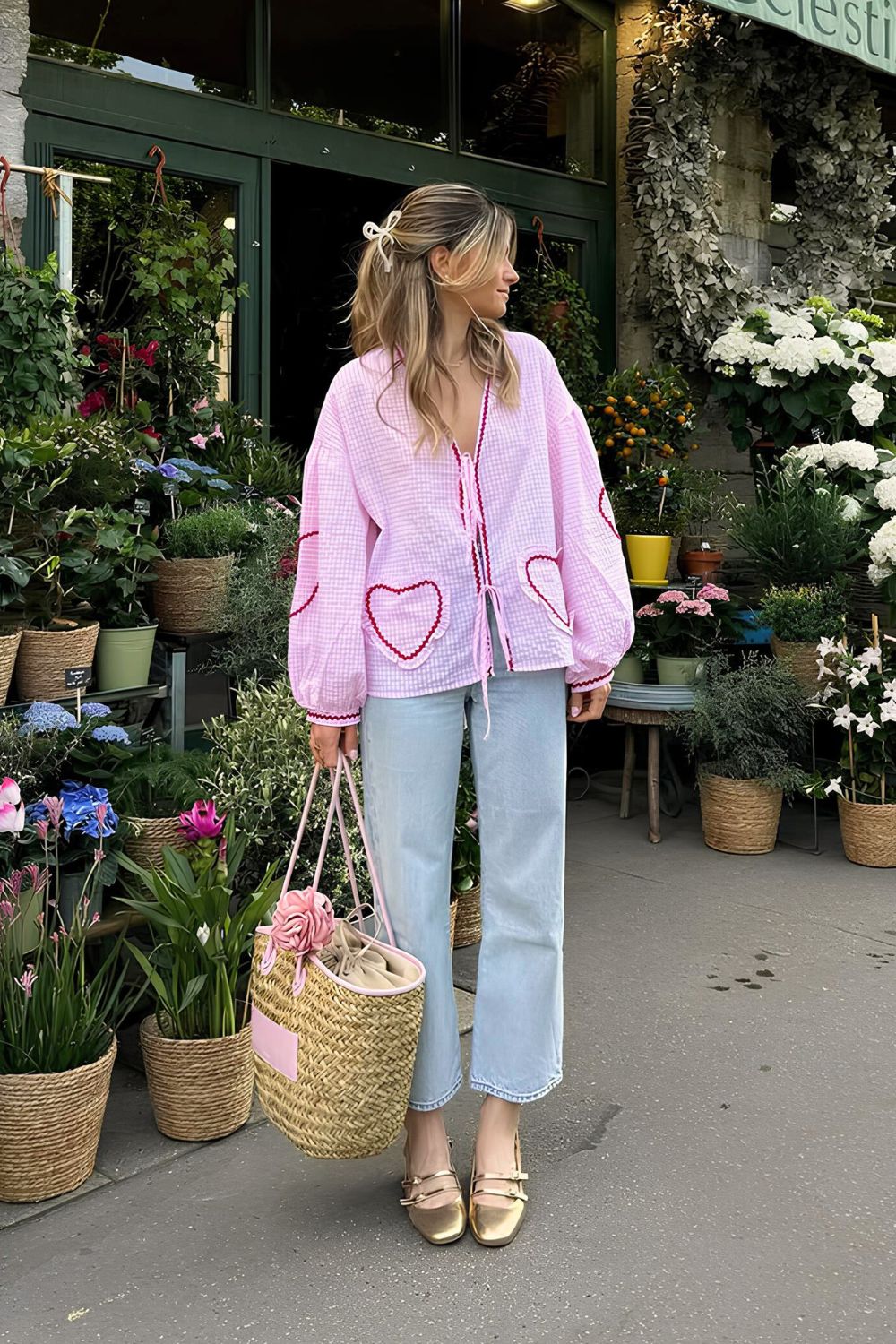 Pink gingham shirt with jeans and ballets