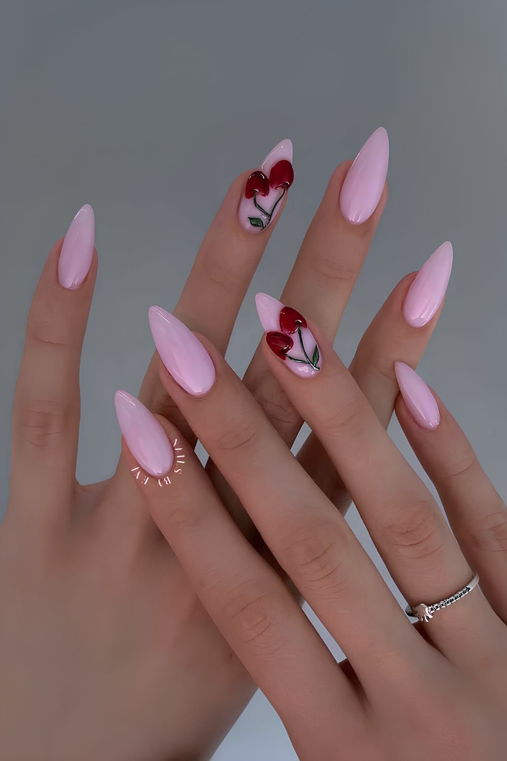 Pink nails with 3D cherry art