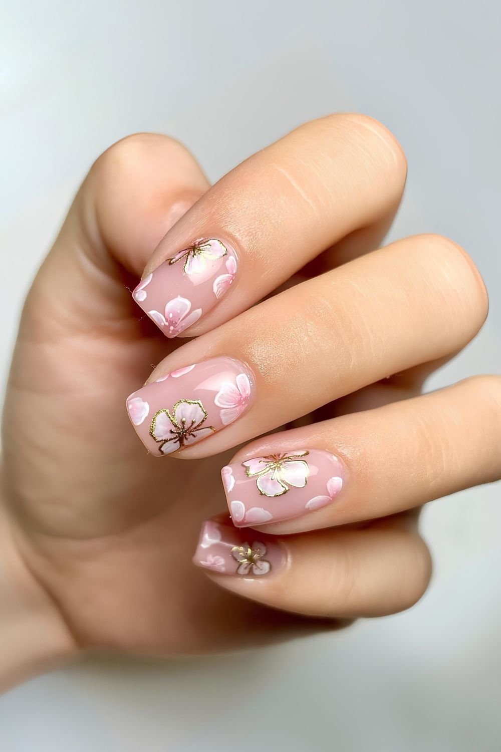 Pink nails with bold cherry blossom art