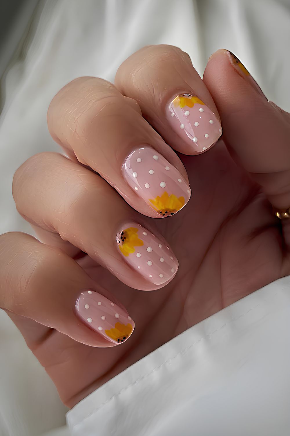 Pink nails with polka dots and sunflowers