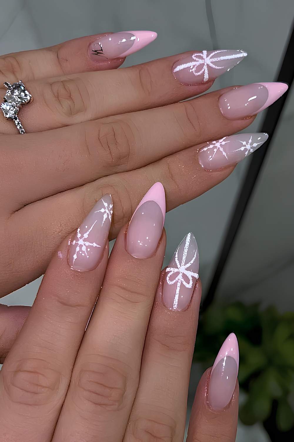 Pink nails with winter holiday art
