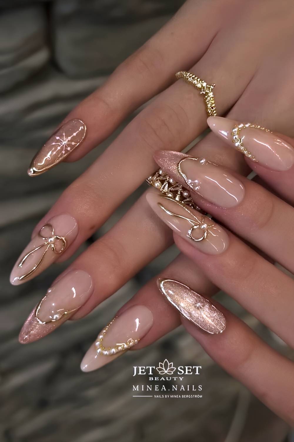 Pink velvet French mani with snowflakes and bows