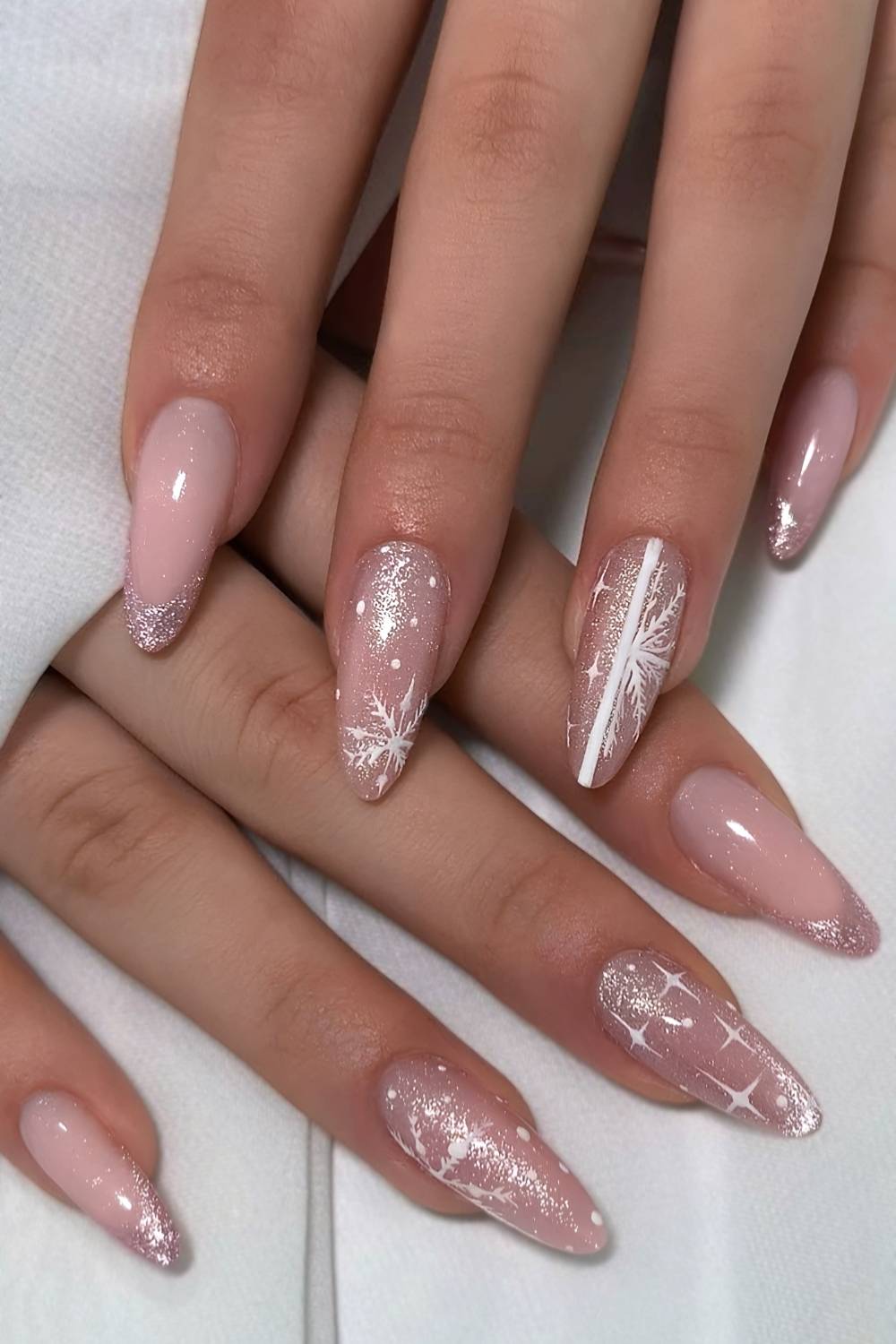 Pink velvet mani with snowflakes