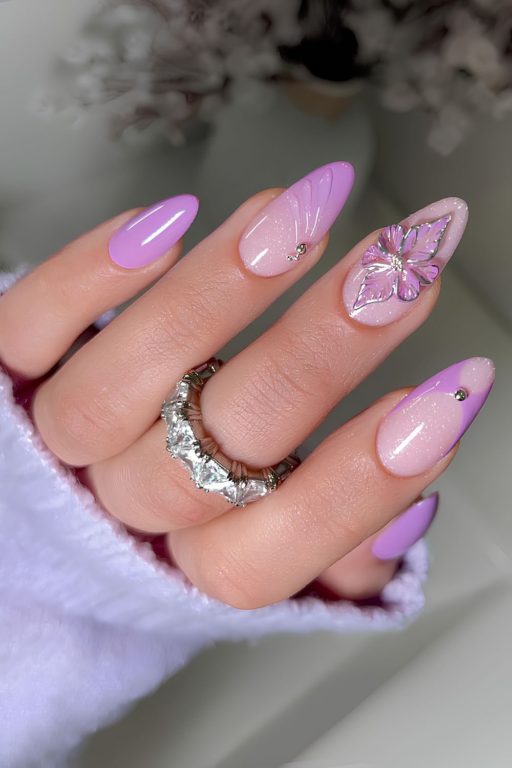 Purple 3D floral nails