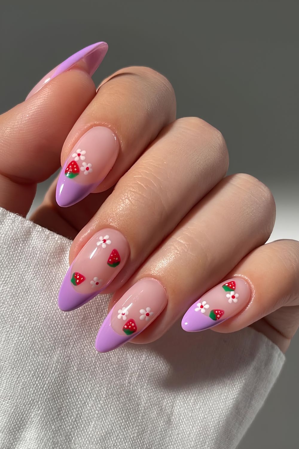 Purple French mani with strawberries and flowers