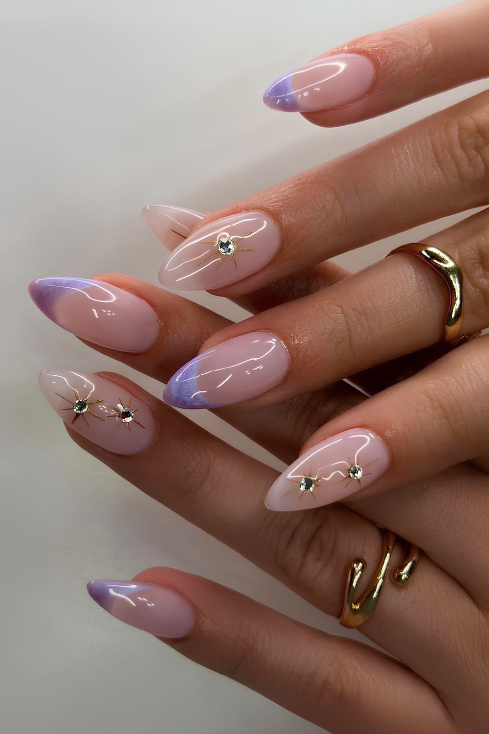 Purple French nails with celestial details