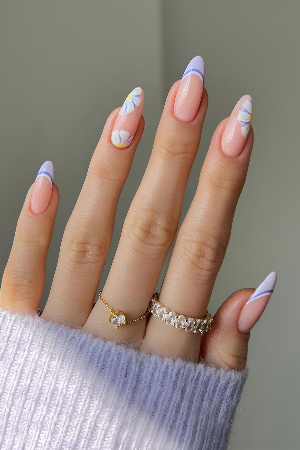 Purple French nails with floral accents