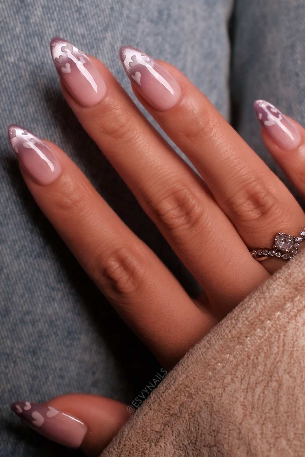 Purple cat eye ombre nails with heart art