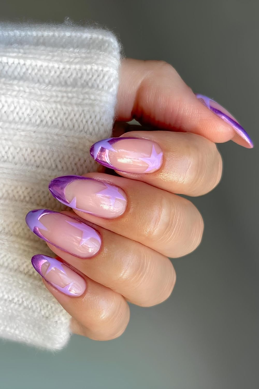 Purple chrome French nails with light purple stars