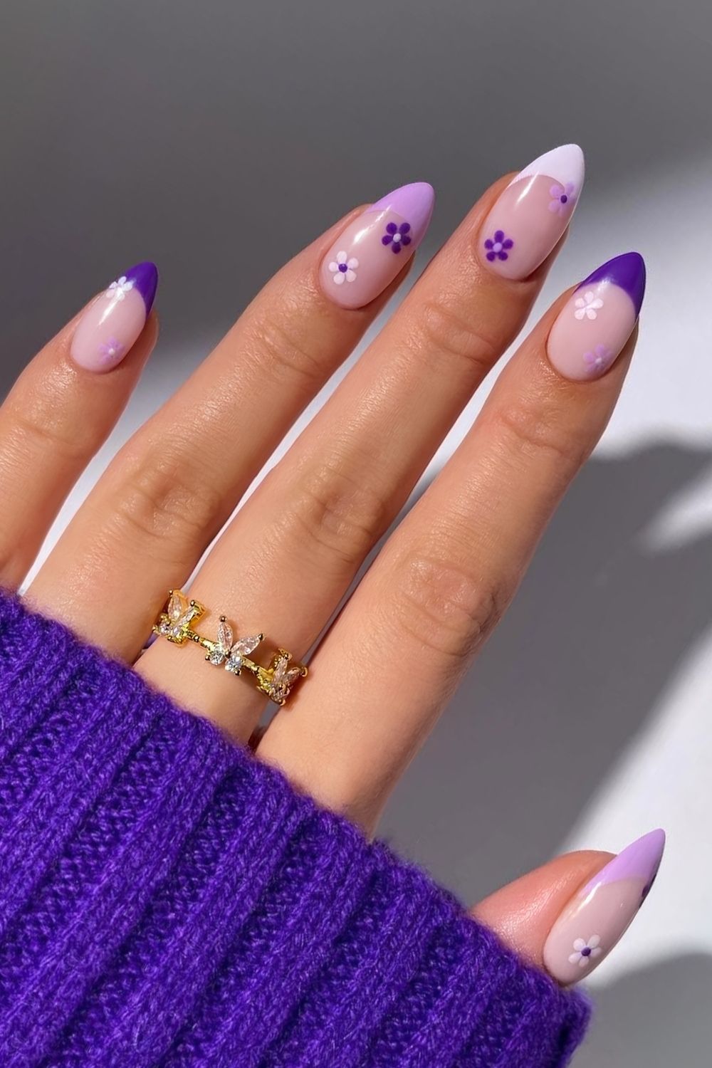 Purple gradient French nails with flowers