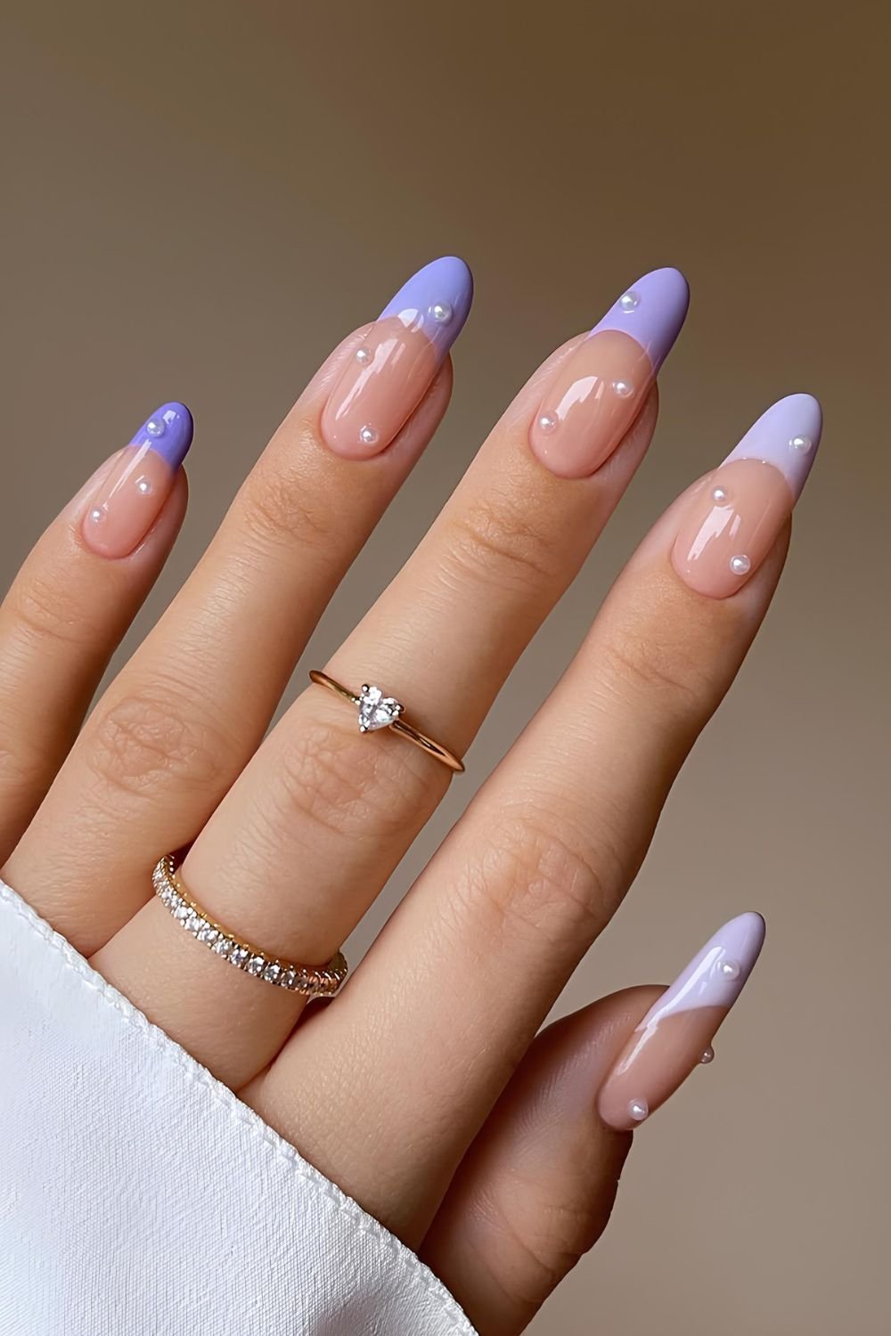 Purple gradient French nails with pearl accents