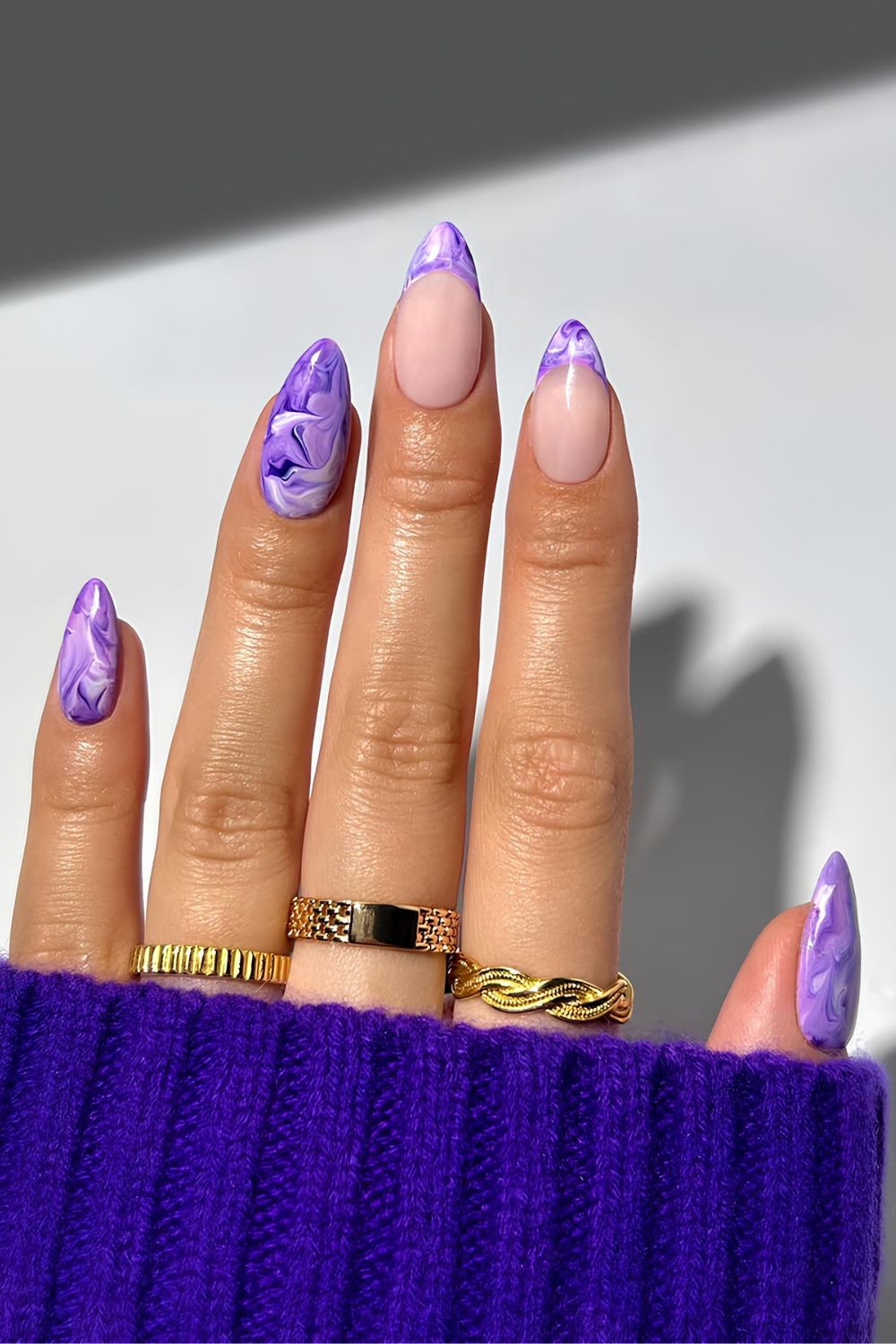Purple marble nails with French tip accents
