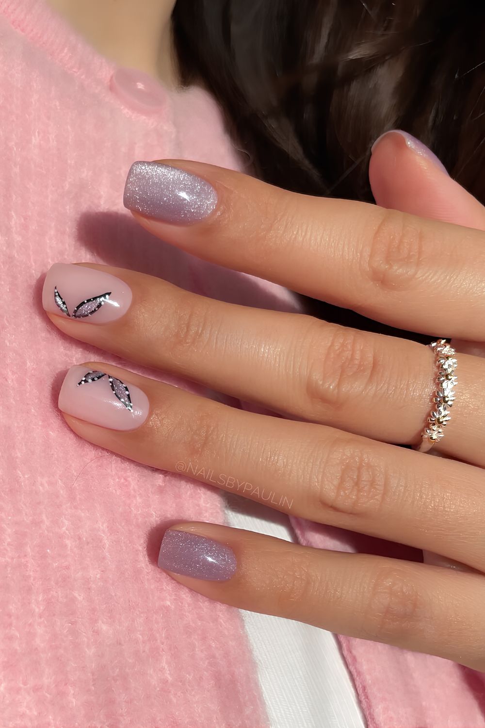 Purple velvet nails with butterfly accents