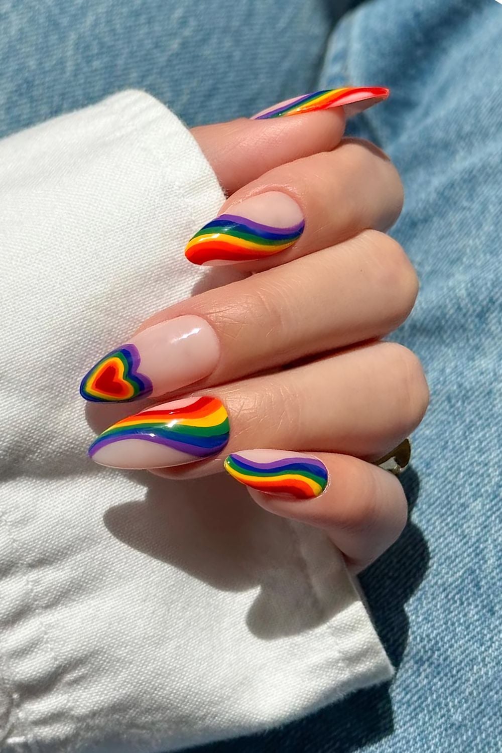 Rainbow swirls and heart french tip in pride flag colors