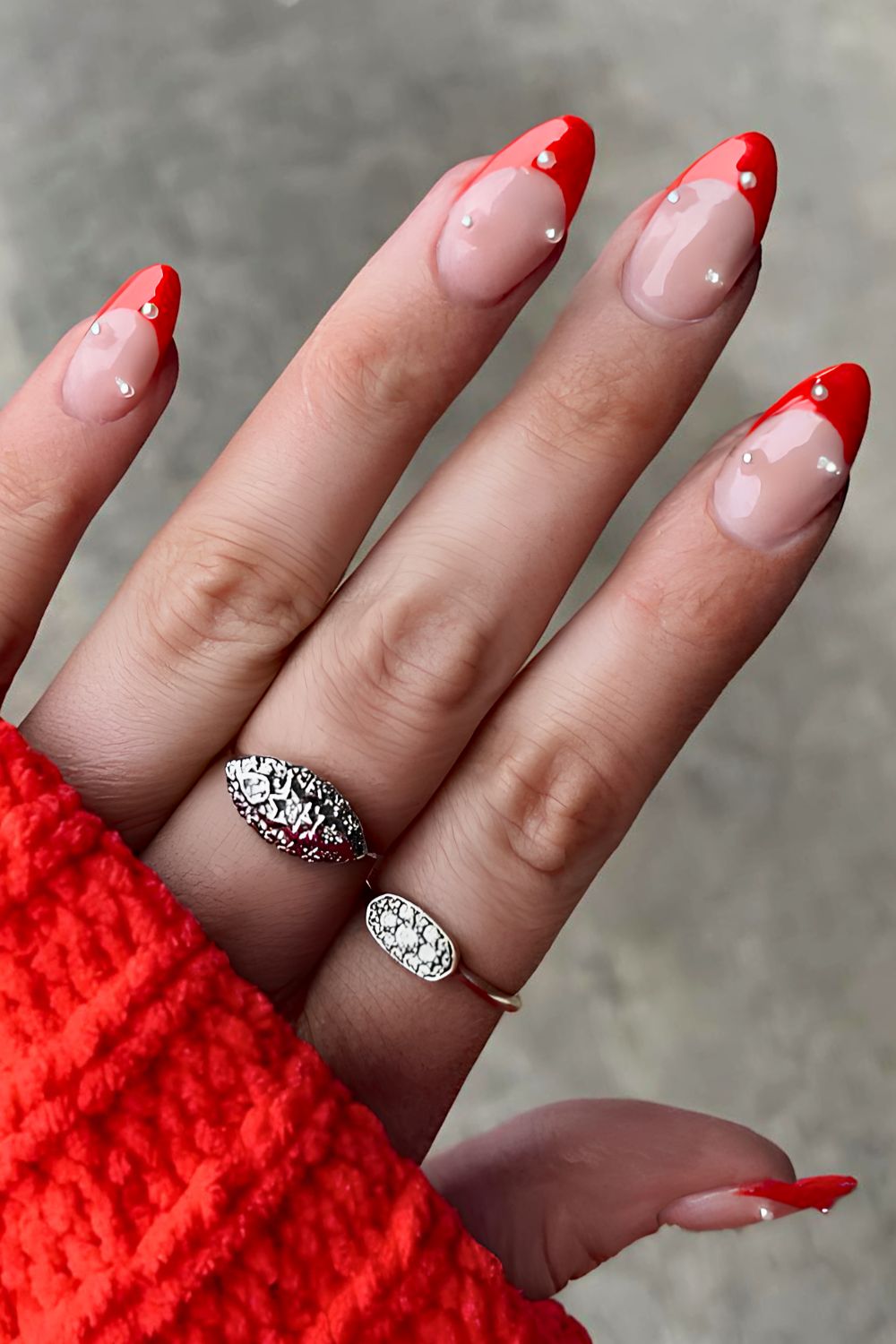 Red Christmas French manicure with pearls