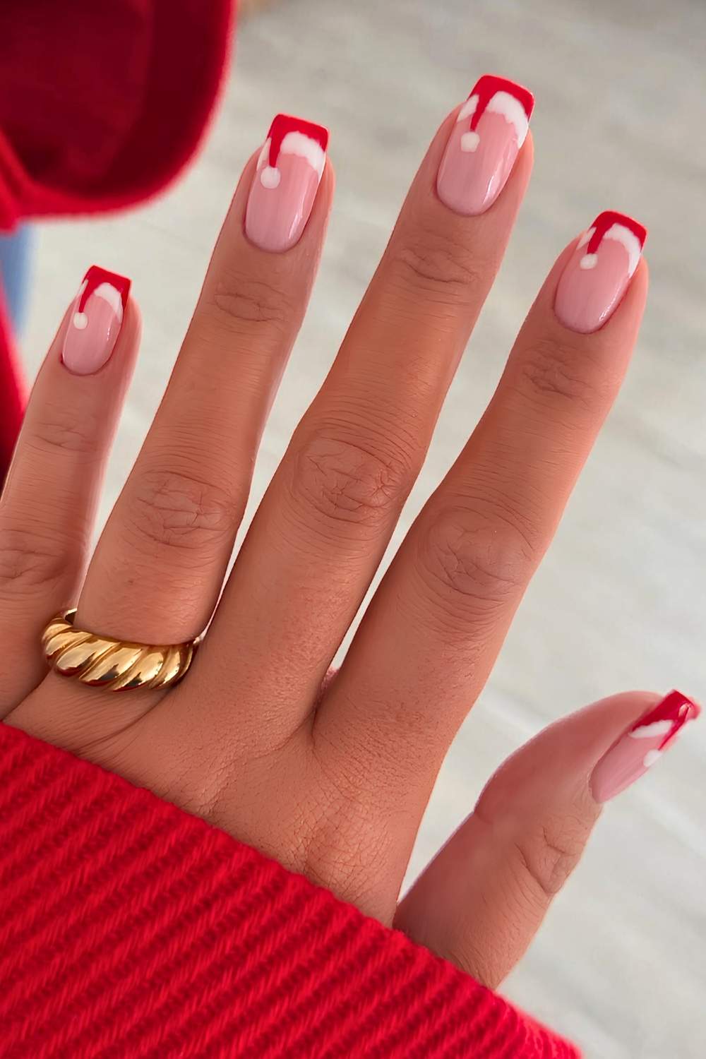 Red Christmas French nails with Santa hat art