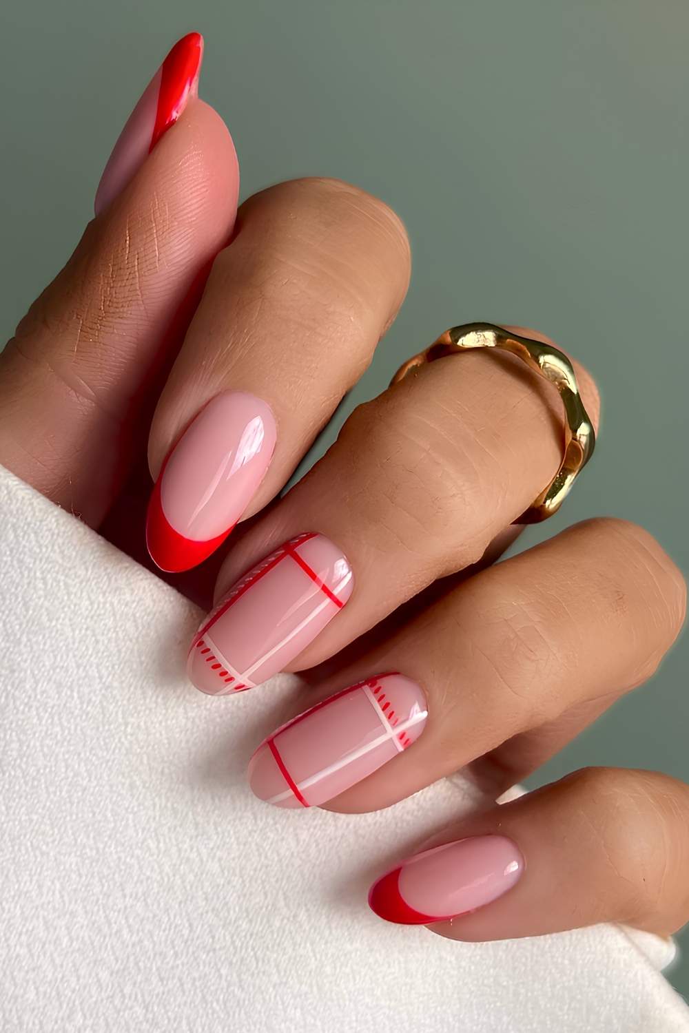 Red French mani with plaid art