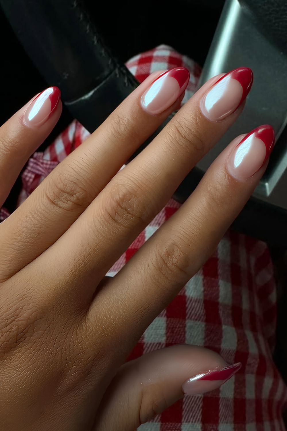 Red French manicure with chrome finish