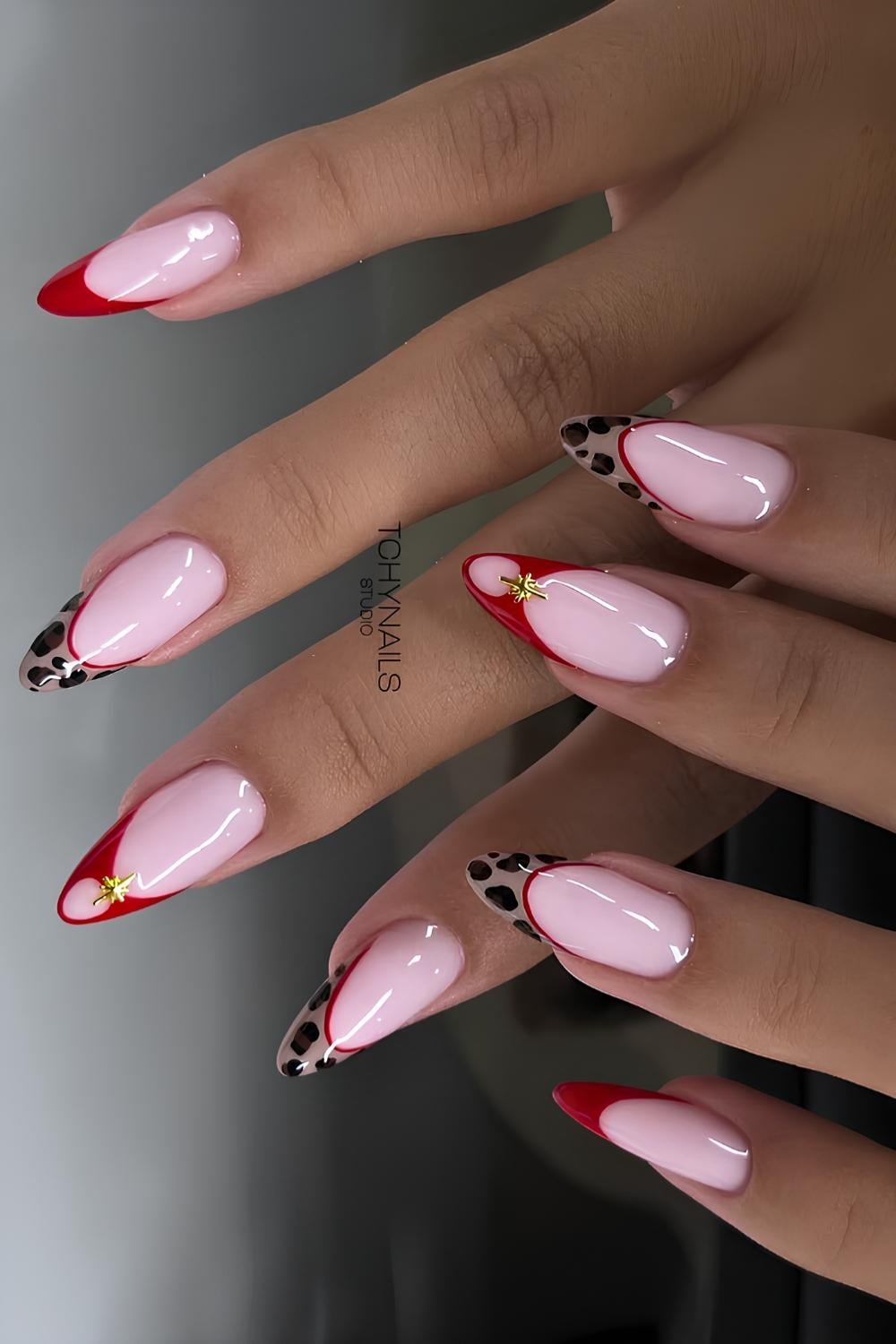Red French nails with leopard print details