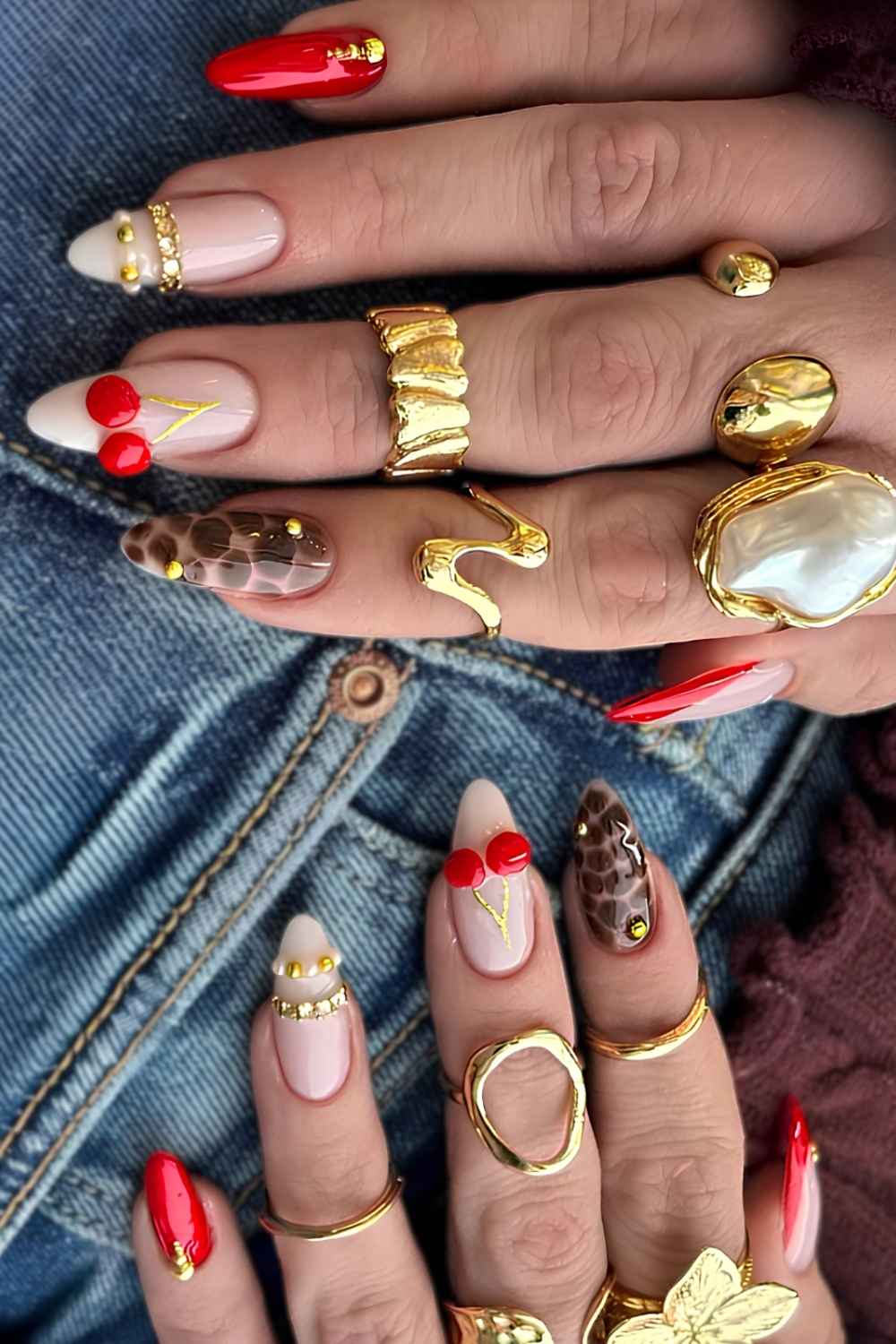 Red and brown mix and match nails