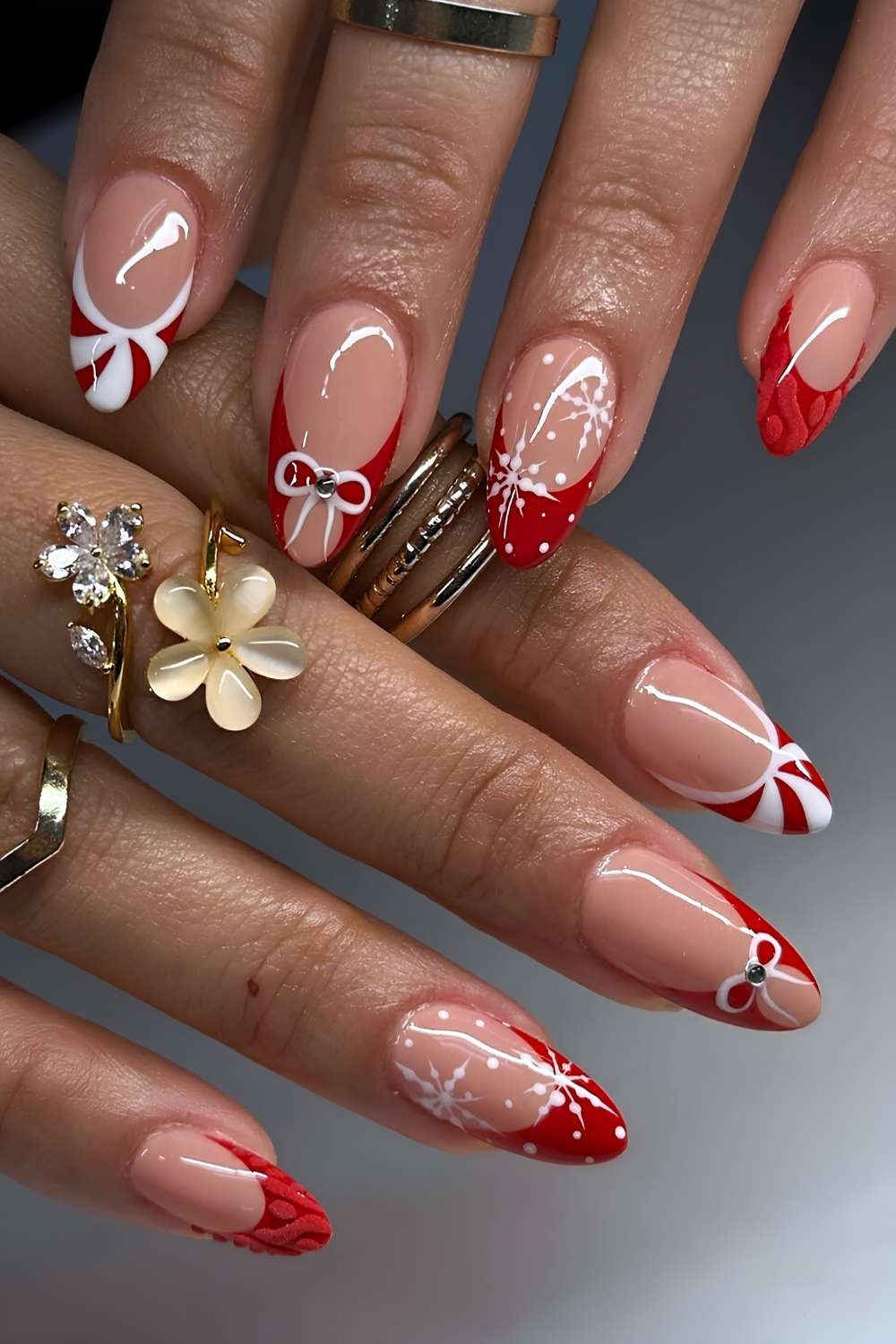 Red and white French mani with Christmas art